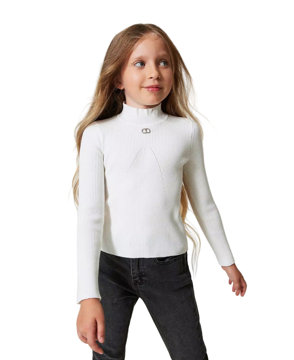 TWIN SET Maglia dolcevita a costine in viscosa stretch con logo