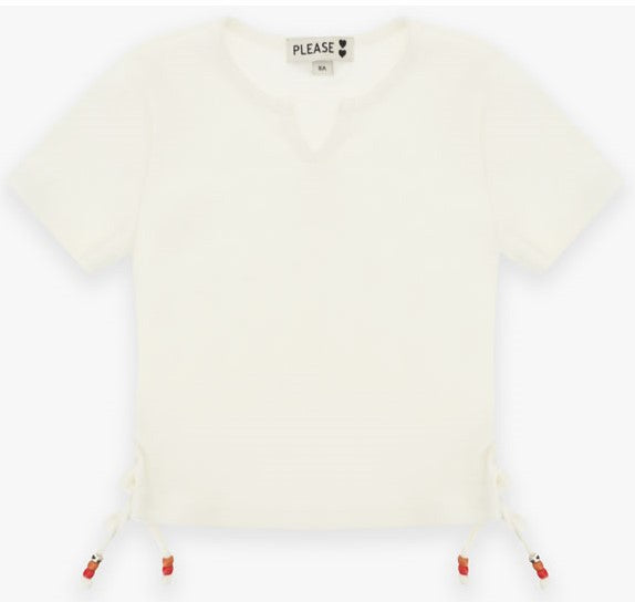 PLEASE T-shirt in jersey di cotone stretch a costine con coulisse